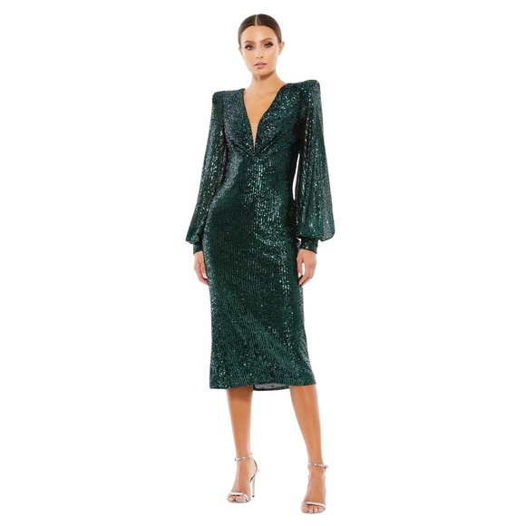 Mac Duggal Dresses & Skirts - Mac Duggal 26866 Emerald Green Sequin Long Sleeve Plunge Midi Dress Size 6 $398